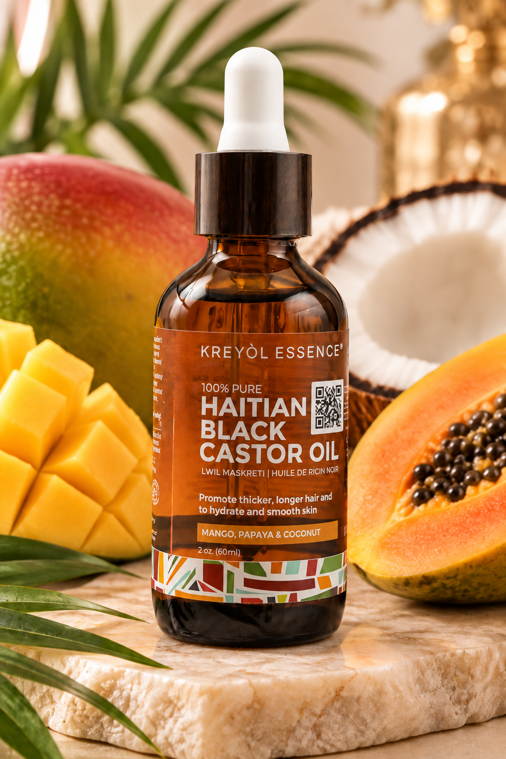Kreyòl Essence Haitian Black Castor Oil – Mango, Papaya & Coconut Hair & Skin Oil, 2 oz