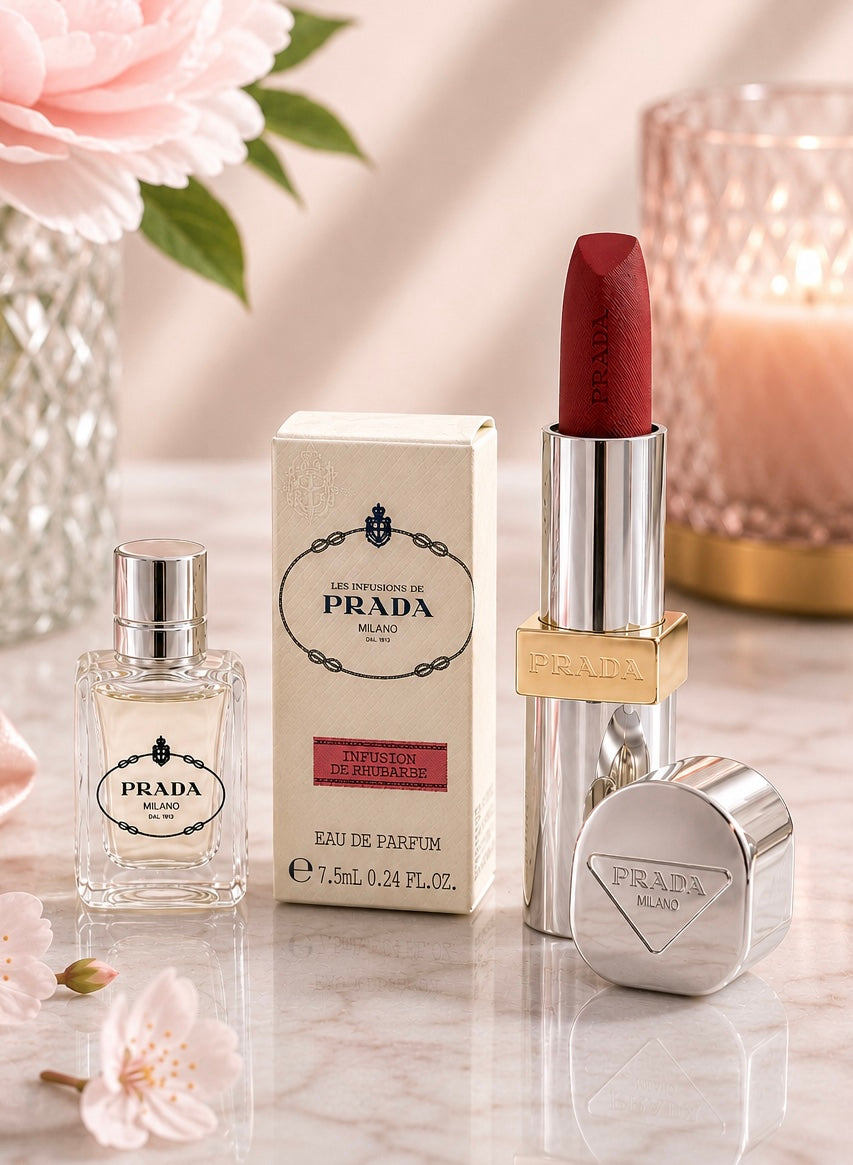 Prada Luxury Beauty Bundle – Infusion de Rhubarbe Mini Eau de Parfum & Prada Monochrome Lipstick Set