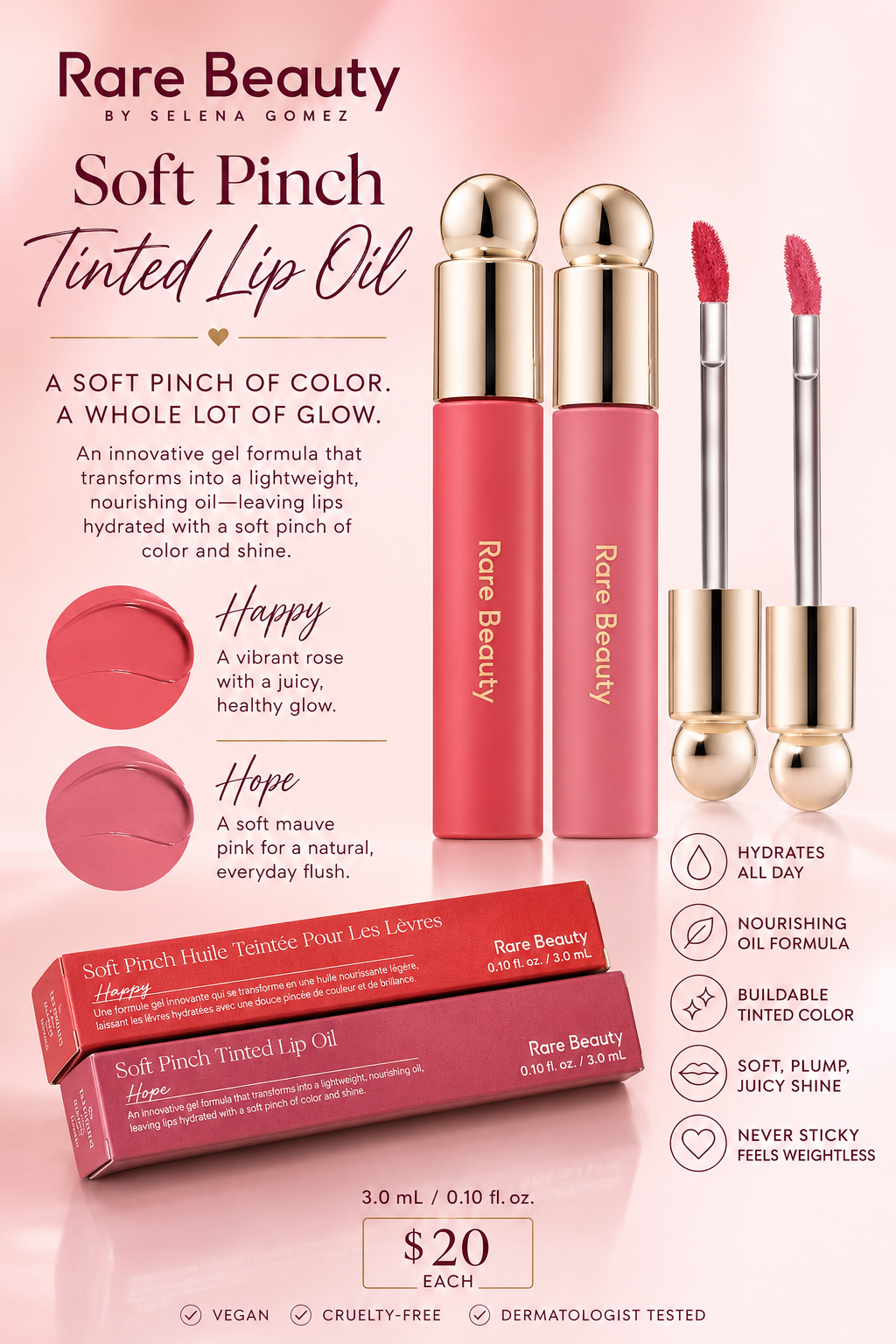 Rare Beauty Soft Pinch Tinted Lip Oil – Happy & Hope (Bundle of 2)