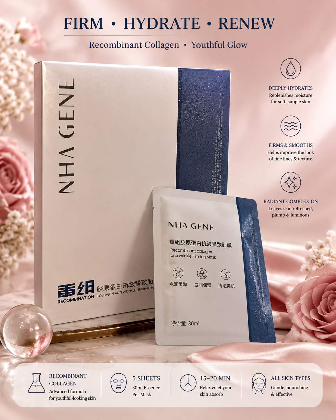 NHA GENE Recombinant Collagen Anti-Wrinkle Firming Facial Mask 5-Pack | Hydrating Collagen Sheet Masks