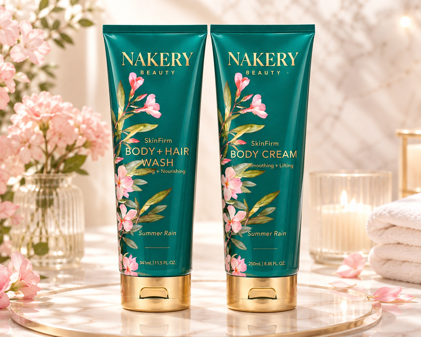 Nakery Beauty SkinFirm Summer Rain Body + Hair Wash & Body Cream Duo | Firming Hydration Set