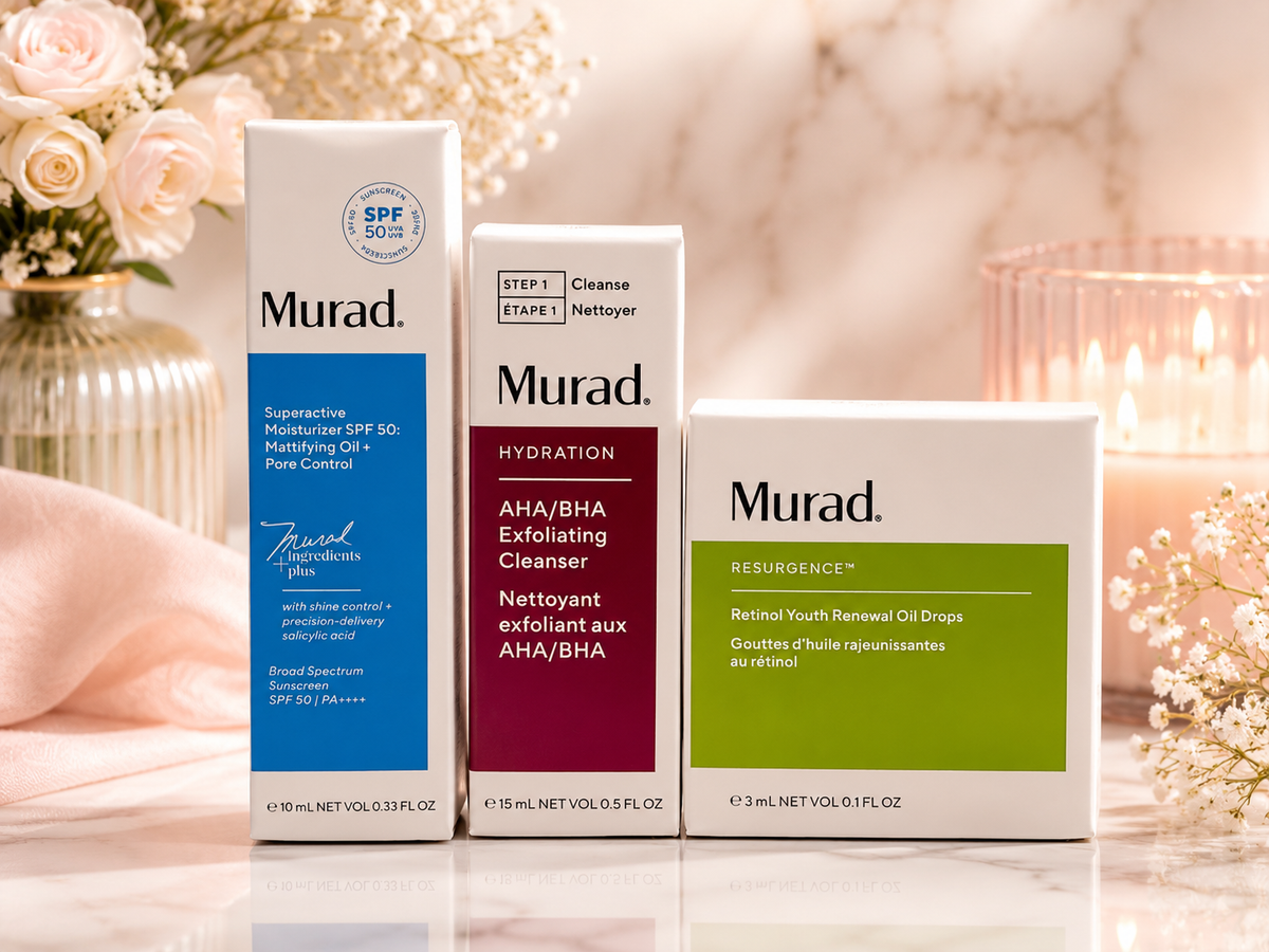 Murad 3-Piece Skincare Mini Travel Set | SPF 50 Moisturizer, AHA/BHA Cleanser & Retinol Oil Drops