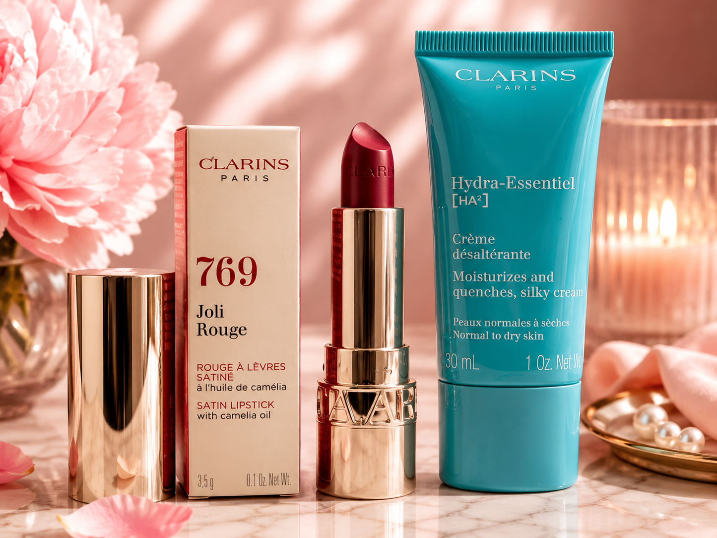 Clarins Luxury Beauty Duo | Joli Rouge Satin Lipstick 769 + Hydra-Essentiel [HA²] Silky Cream Bundle