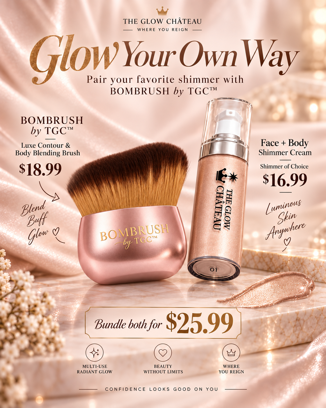 Glow Your Own Way Bundle – Face + Body Shimmer Cream + BOMBRUSH by TGC™