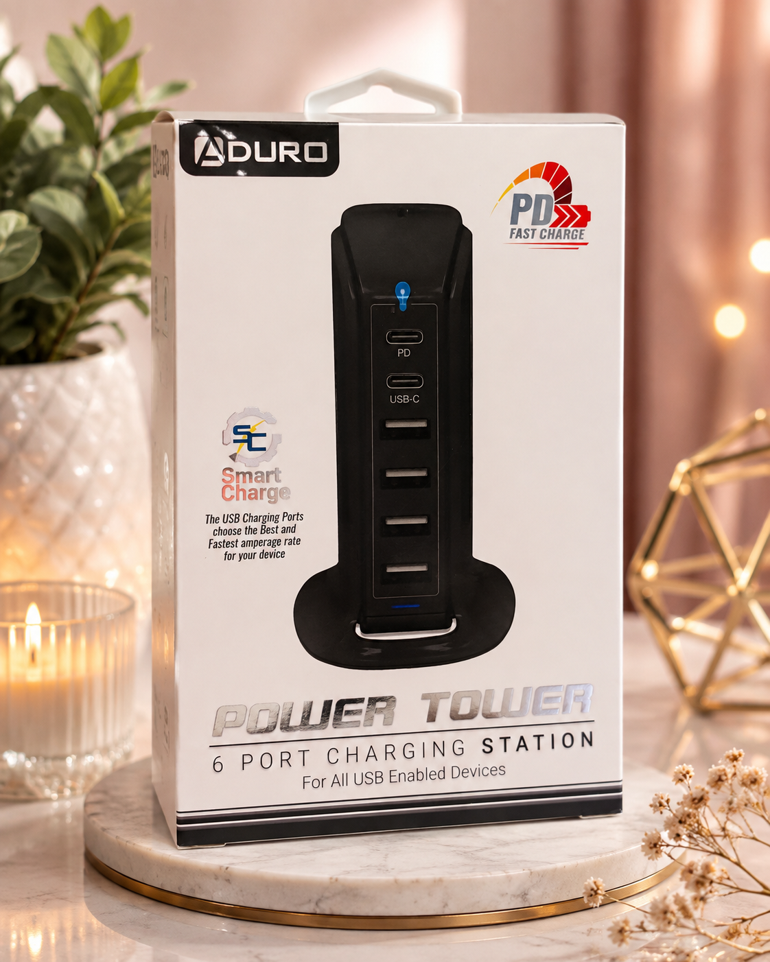 Aduro Power Tower 6-Port Charging Station | USB-C PD Fast Charger & USB Hub