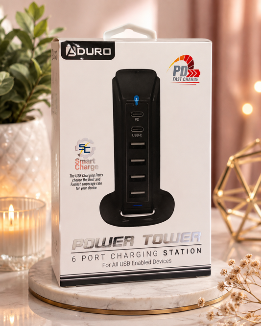 Aduro Power Tower 6-Port Charging Station | USB-C PD Fast Charger & USB Hub