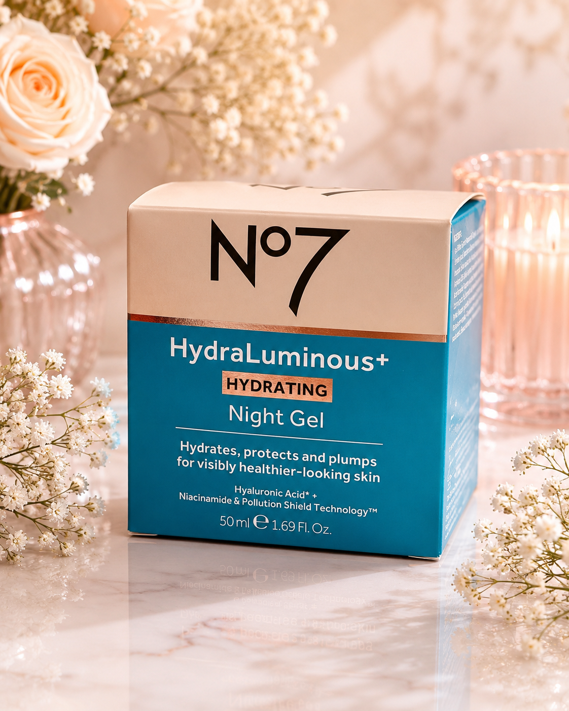 No7 HydraLuminous+ Hydrating Night Gel 50 mL | Hyaluronic Acid + Niacinamide Moisturizer