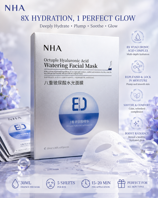NHA Octuple Hyaluronic Acid Watering Facial Mask 5-Pack | 8X Hyaluronic Acid Hydrating Sheet Masks