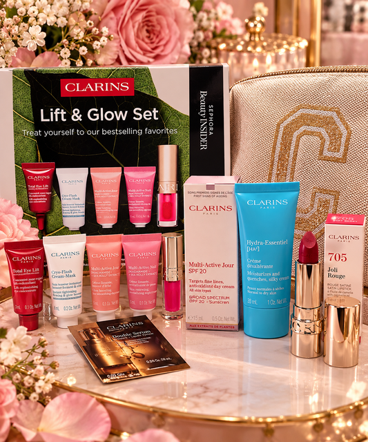 Clarins Luxury Skincare, Lipstick & Beauty Bag Bundle