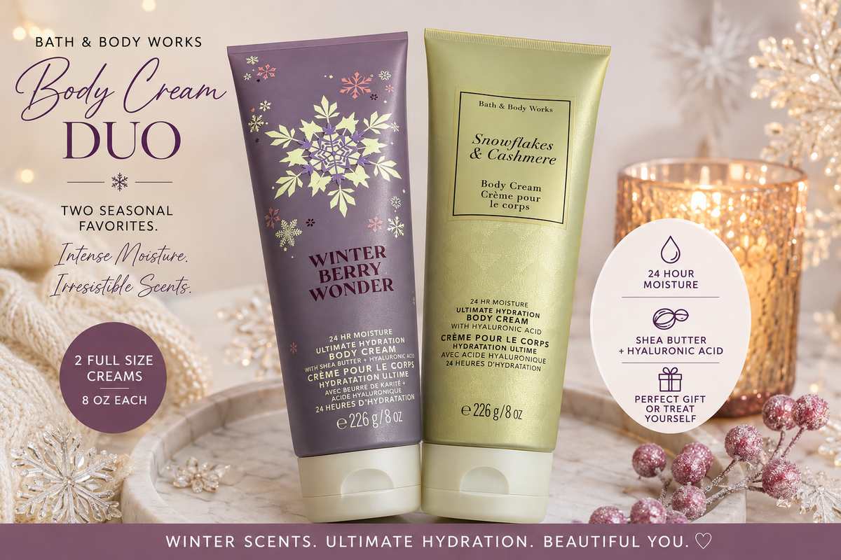 Bath & Body Works Winter Berry Wonder + Snowflakes & Cashmere Body Cream Bundle – 8 oz Each
