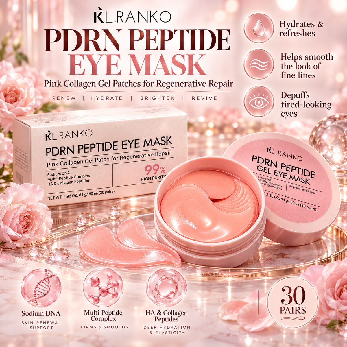 PDRN Peptide Eye Mask – Pink Collagen Gel Eye Patches, 30 Pairs