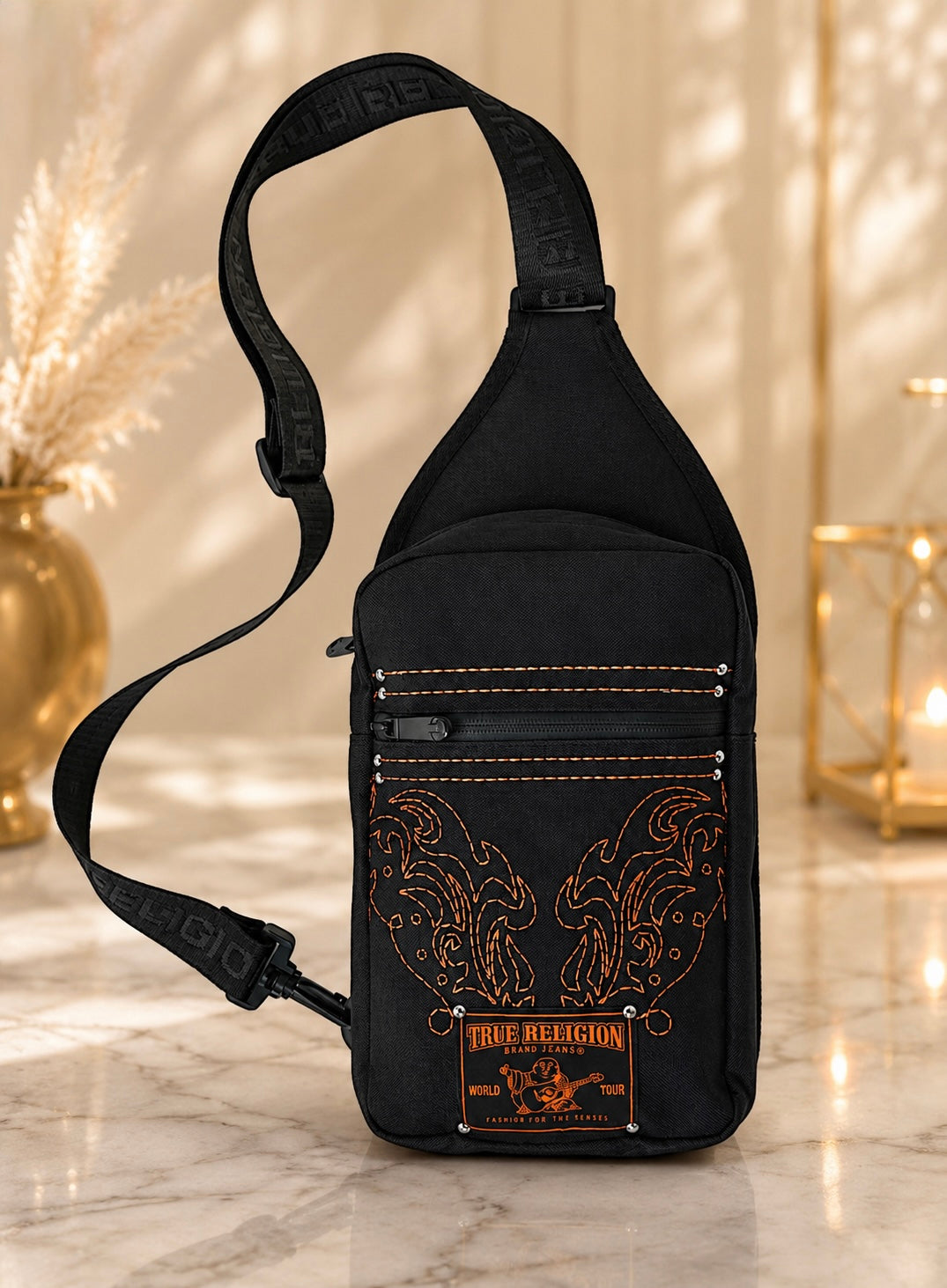 True Religion Logo Embroidered Patch Sling Bag Jet Black | World Tour Crossbody Bag TR4274