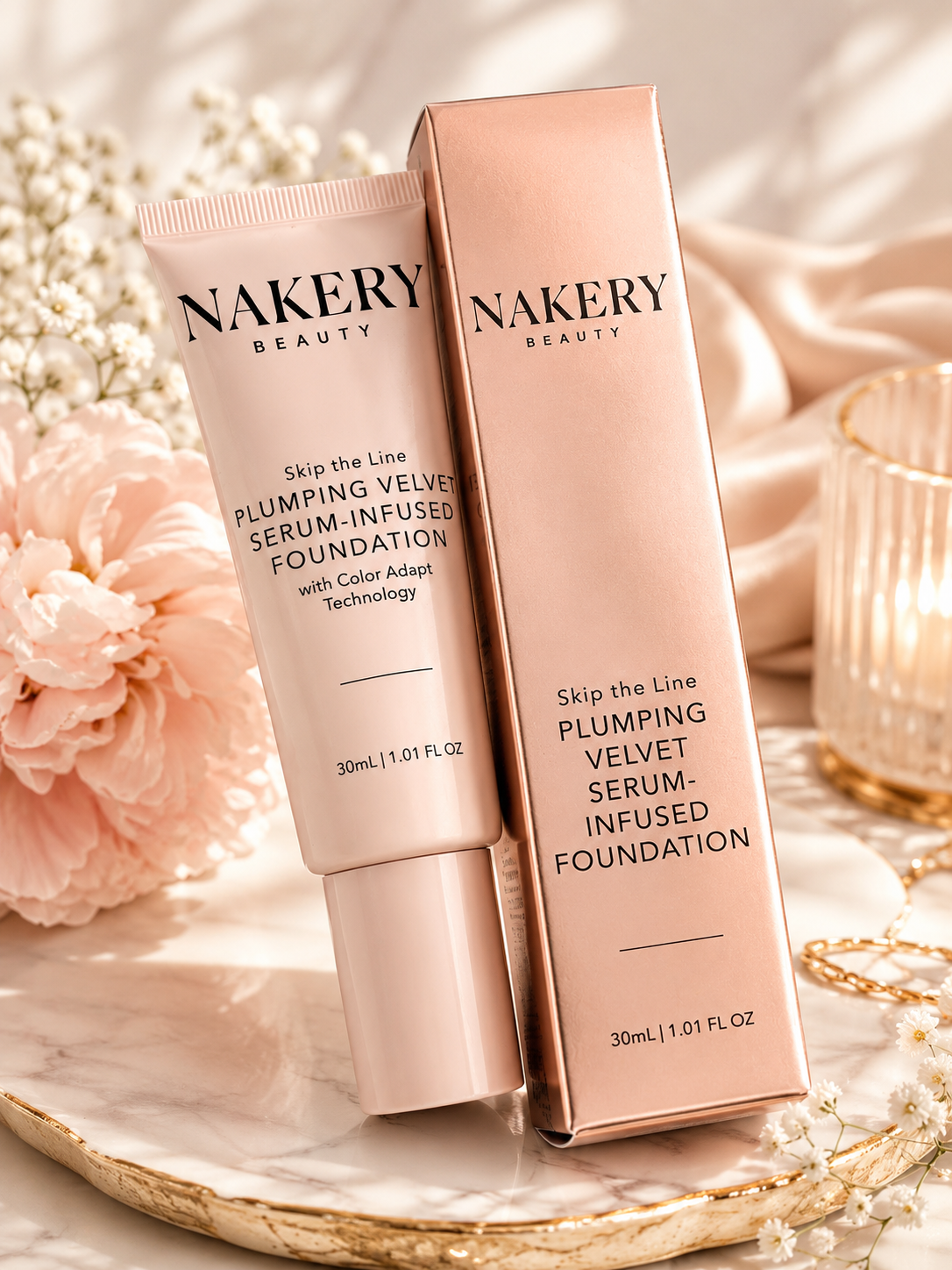 NAKERY Beauty Skip the Line Plumping Velvet Serum-Infused Foundation | Color Adapt Technology | 1.01 fl oz (30 mL)