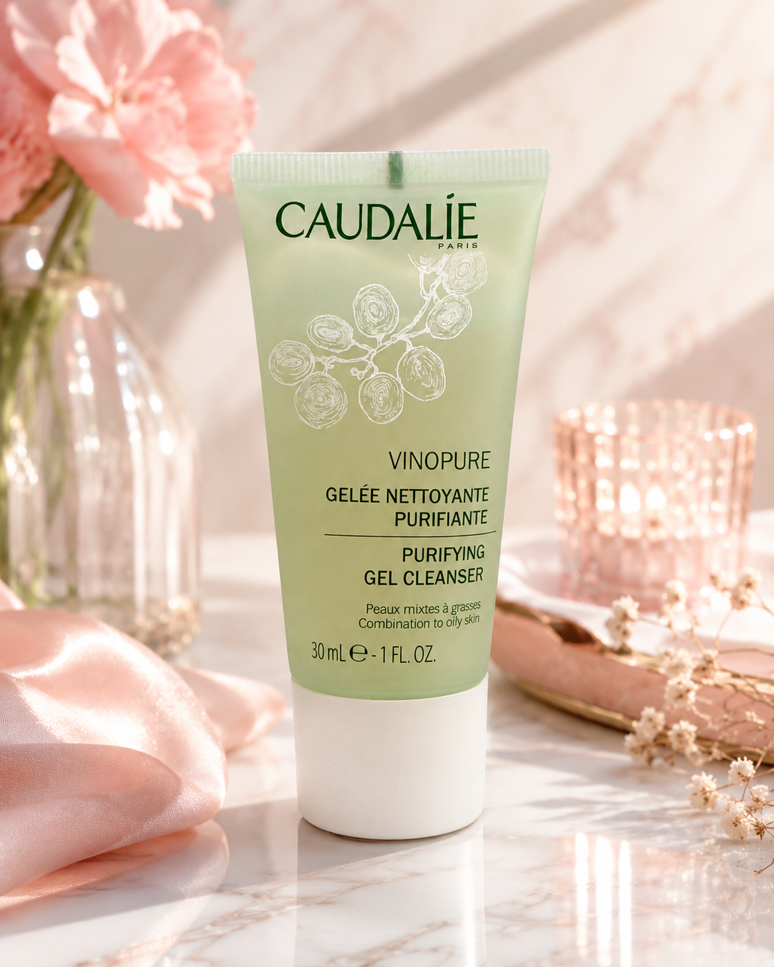 Caudalie Vinopure Purifying Gel Cleanser Travel Size 1 fl oz (30 mL) – Gentle Face Wash for Combination & Oily Skin