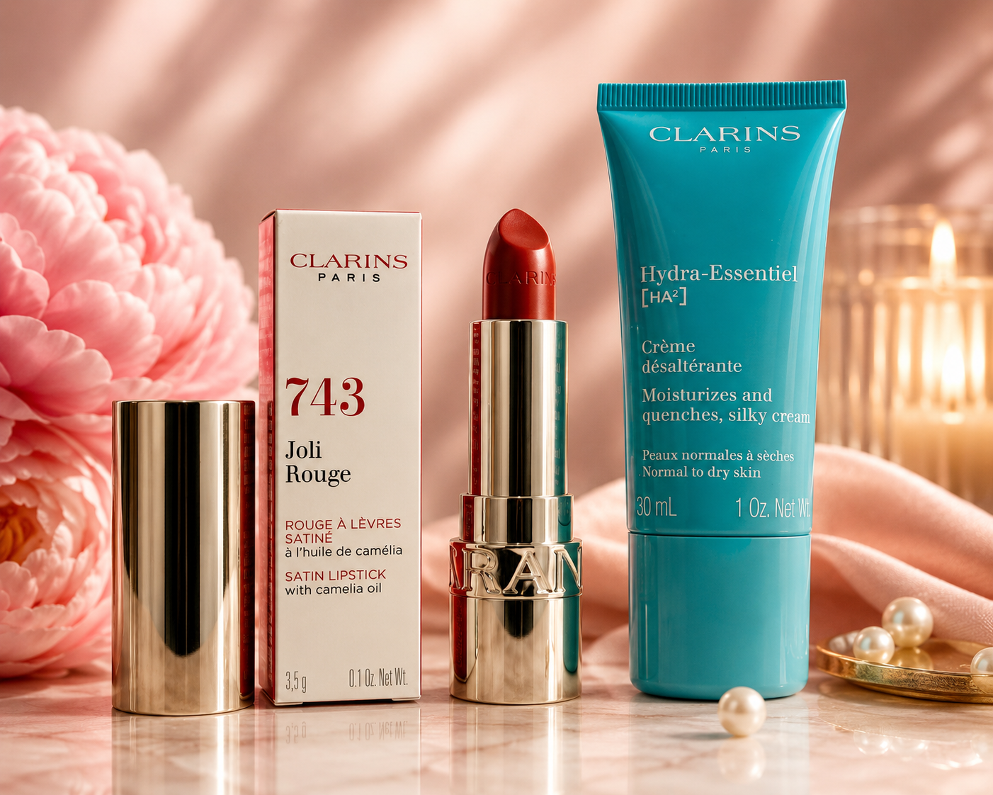 Clarins Luxury Beauty Bundle | Joli Rouge Satin Lipstick 743 + Hydra-Essentiel HA² Moisturizing Cream
