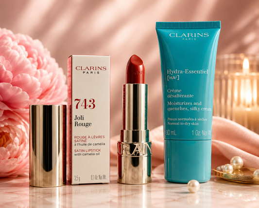 Clarins Luxury Beauty Bundle | Joli Rouge Satin Lipstick 743 + Hydra-Essentiel HA² Moisturizing Cream