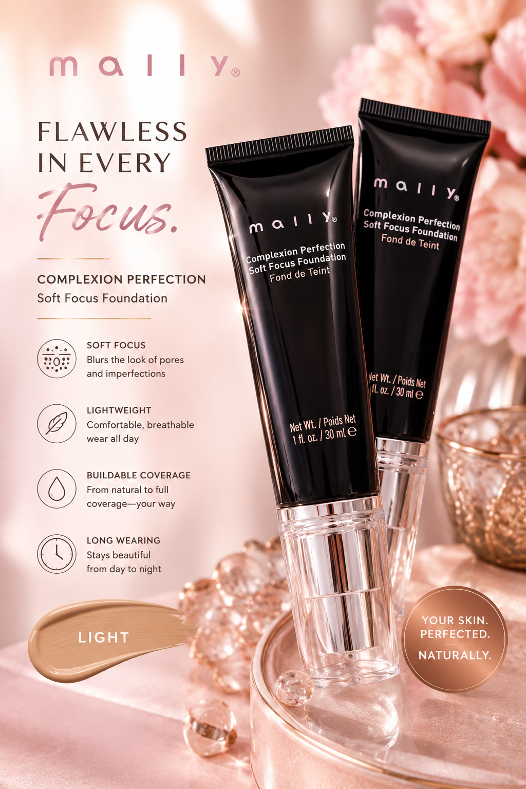 Mally Complexion Perfection Soft Focus Foundation – Full Coverage, Lightweight Foundation | Shade Light | 1 fl oz