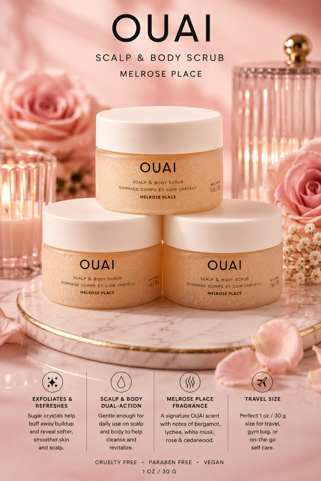 OUAI Scalp & Body Scrub Melrose Place – Bundle of 3 - 1 oz / 30 g Travel Size