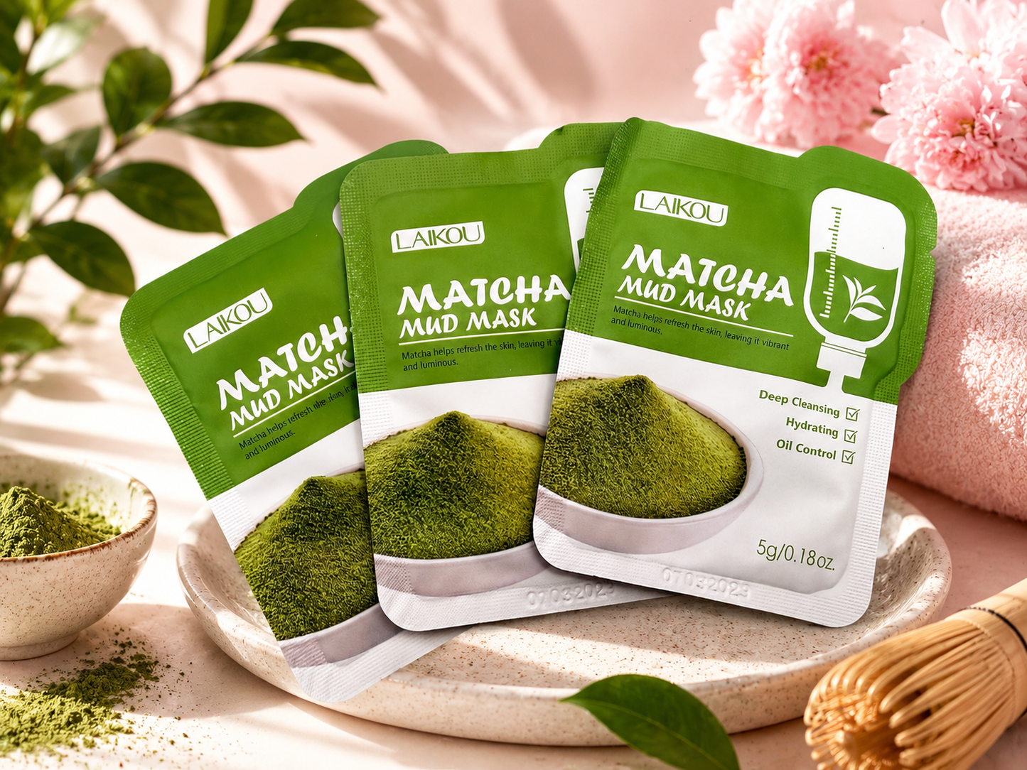 LAIKOU Matcha + Kaolin Deep Cleansing Mud Mask | Deep Cleansing & Hydrating Face Mask (3 pcs)