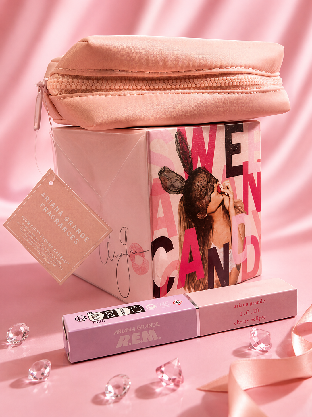 Ariana Grande Fragrance Gift Bundle | Sweet Like Candy + r.e.m. Cherry Eclipse + Cosmetic Bag