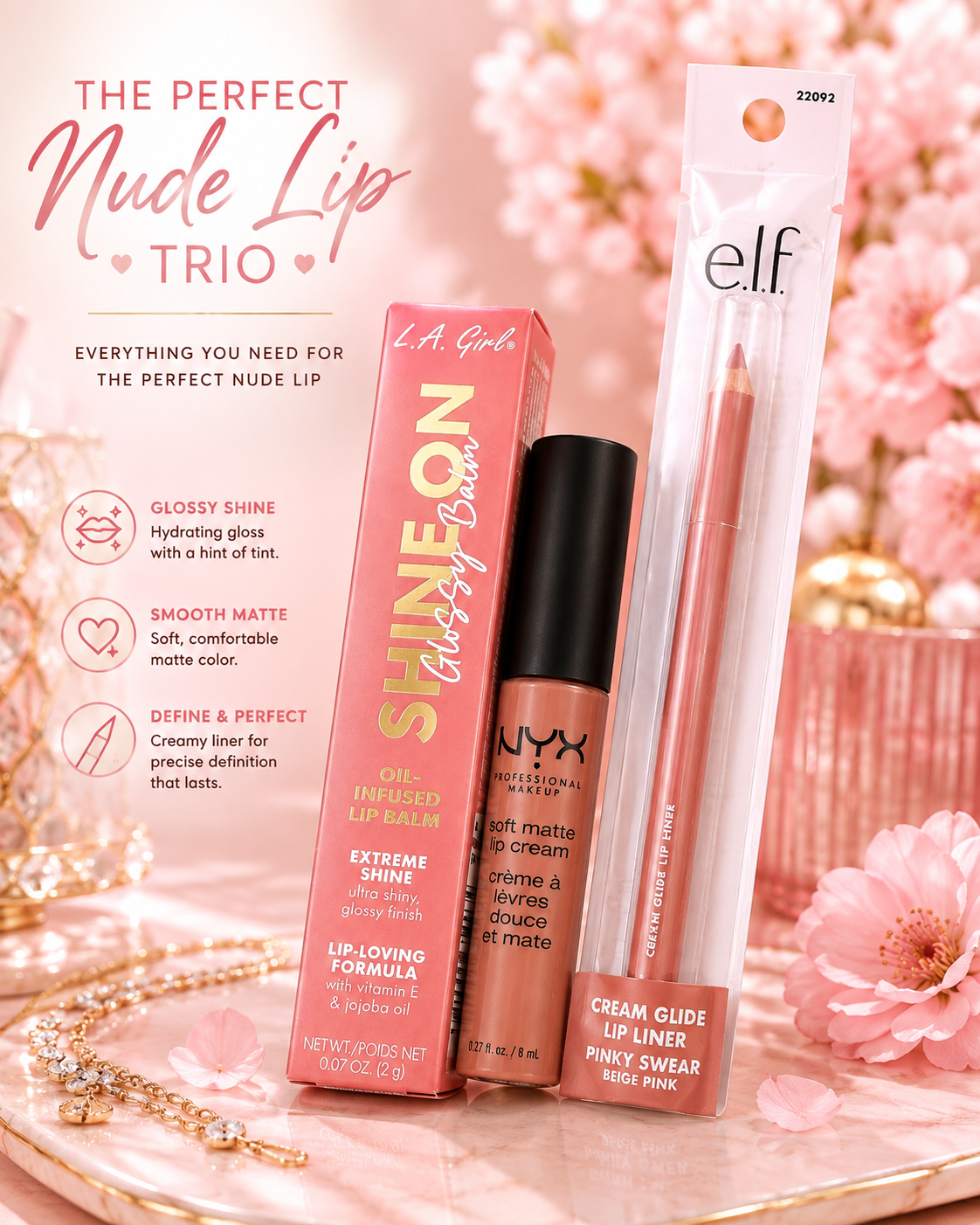 3-Piece Nude Pink Lip Combo – L.A. Girl Glossy Balm, NYX Soft Matte Lip Cream & e.l.f. Lip Liner