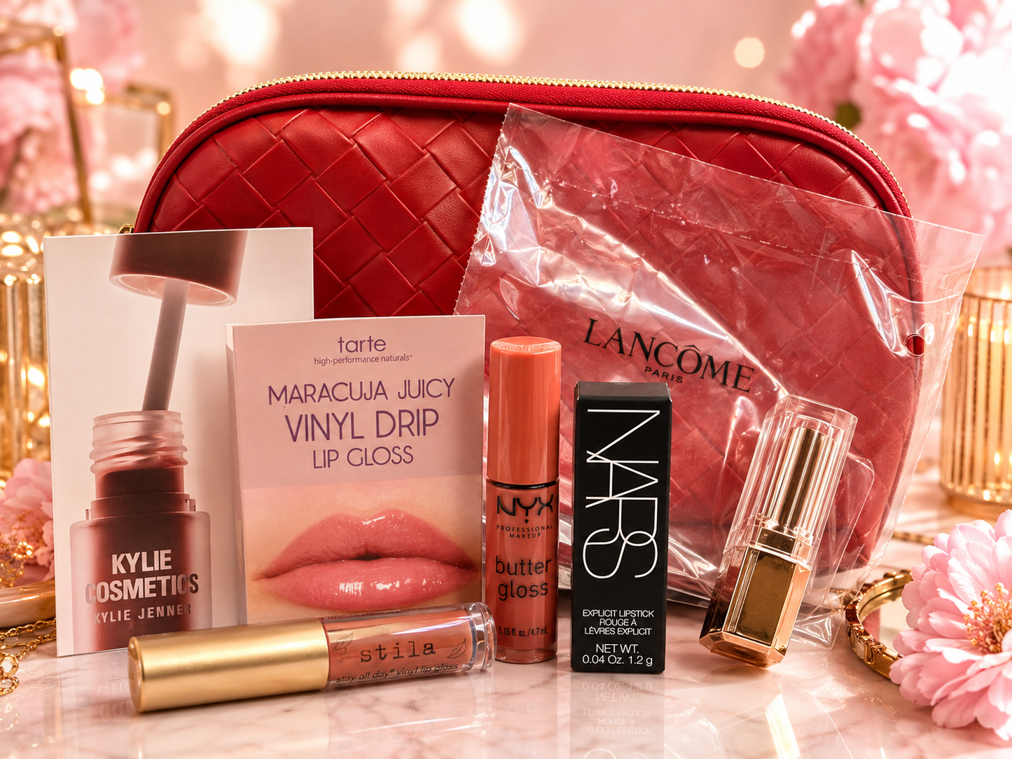 Luxury Lip Lover Beauty Bundle – NARS, Lancôme, Kylie, Tarte, NYX, Stila + Lancôme Cosmetic Bag