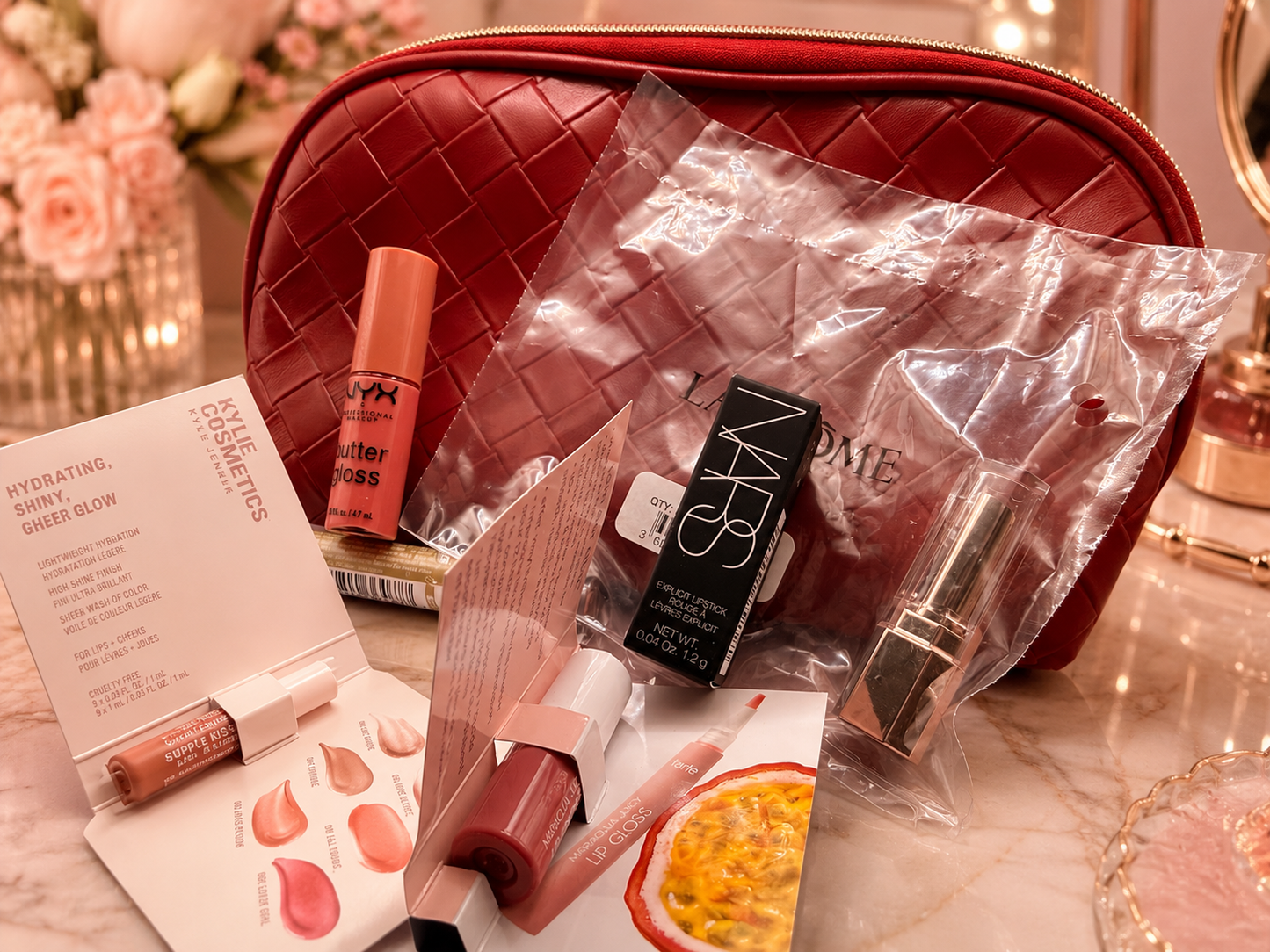 Luxury Lip Lover Beauty Bundle – NARS, Lancôme, Kylie, Tarte, NYX, Stila + Lancôme Cosmetic Bag