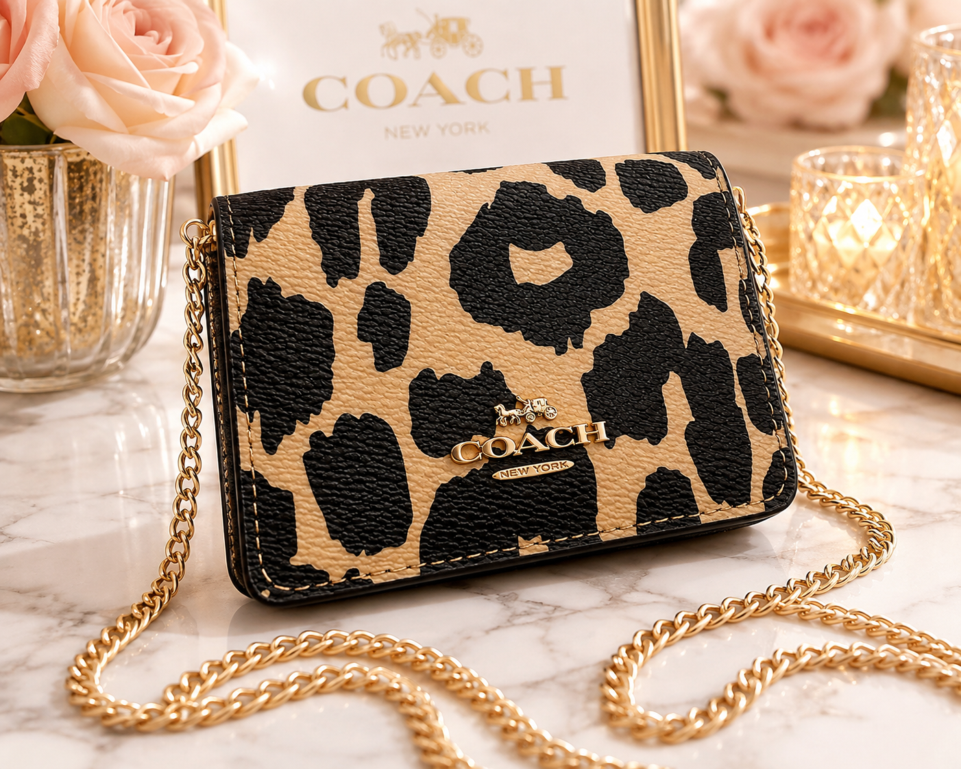 Coach Leopard Print Mini Wallet on a Chain | Tan & Black Animal Print Crossbody Wallet