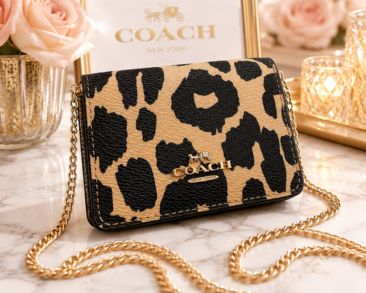 Coach Leopard Print Mini Wallet on a Chain | Tan & Black Animal Print Crossbody Wallet